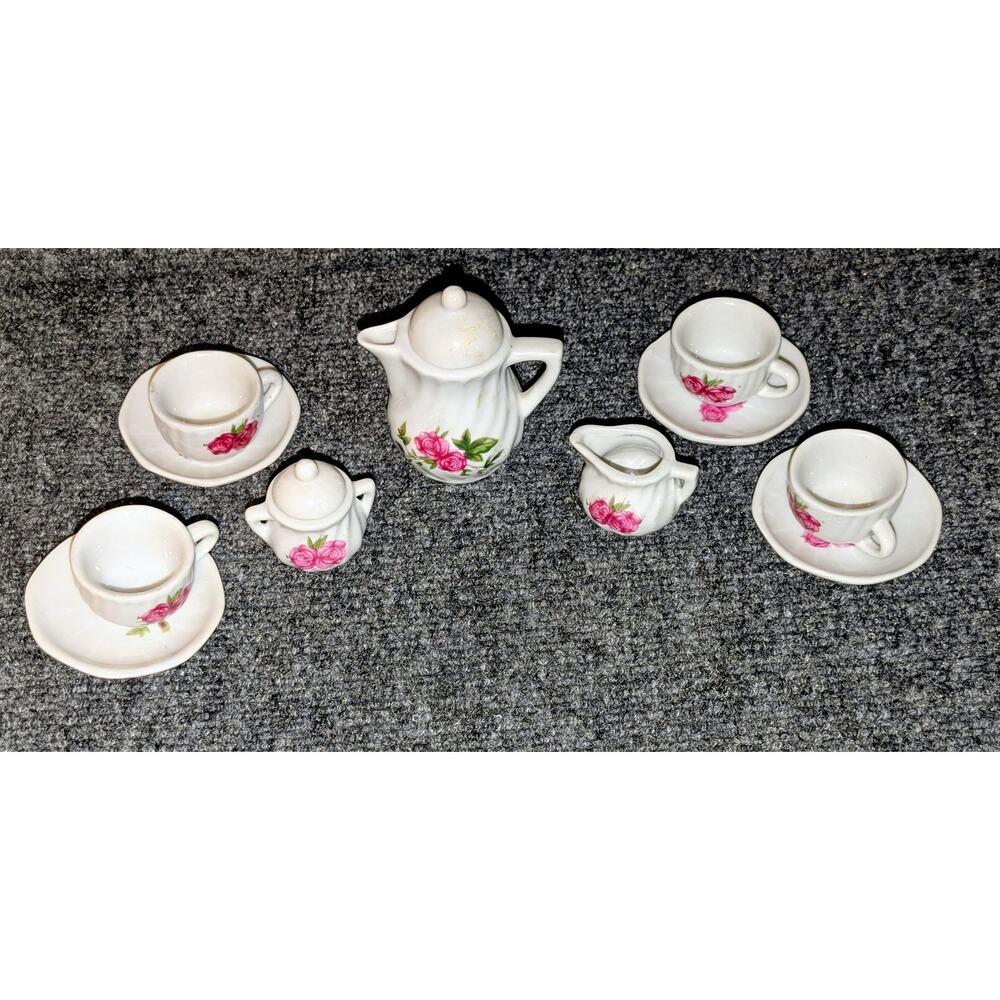 Vintage Thirteen Piece Miniature Child's Pink Rose Tea Set
